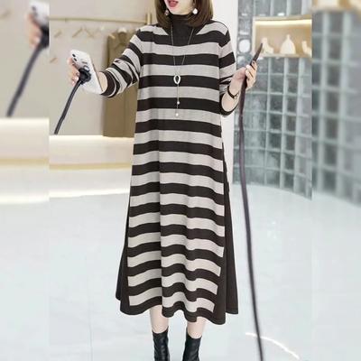 Contrast Color Long Knitted Dress Sweater With Belt