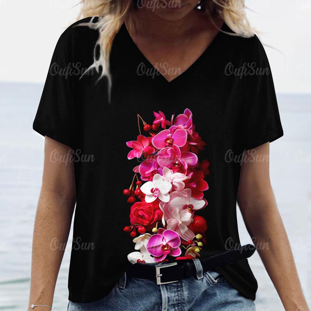 2024 Women T Shirt Summer Floral T-Shirt Plus Size Women's Clothing Oversized Designer Short Sleeve Shirt Women V Neck Blouse