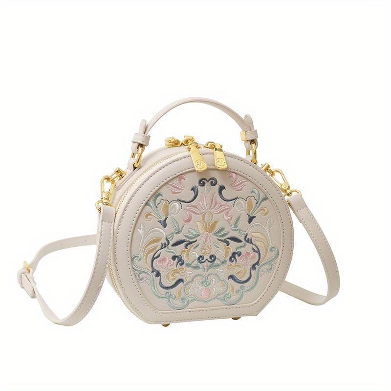 

Круглая сумка через плечо с винтажной вышивкой, сумка на молнии, классическая трендовая нишевая сумка-саквояж