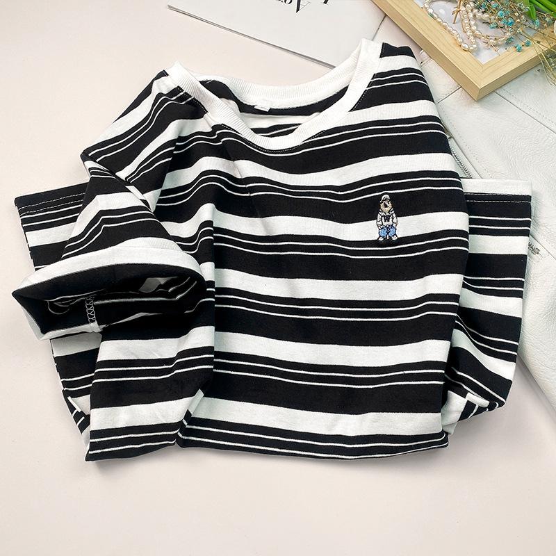 Women's 2023 Summer Cartoon Embroidered Striped Crew Neck Cotton T-Shirt