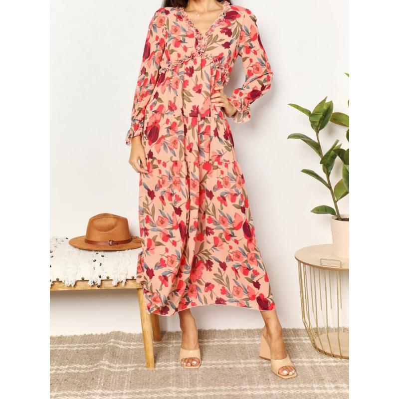Women Floral Print Long Sleeve V Neck Ruffle Trim Tiered Chiffon Maxi Dress Boho Casual Beach Vacation Wedding Guest Evening Party Elegant Long Dress