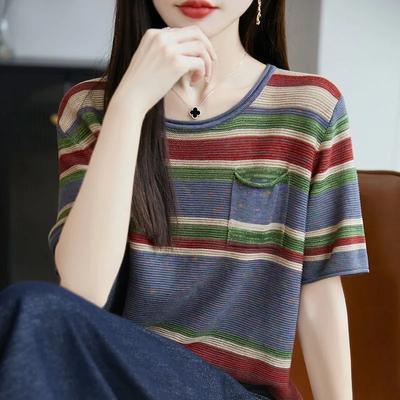 Spring New All Match Round Neck Contrasting Striped Knit Sweater, New Loose Short Sleeve Striped Garment Tops