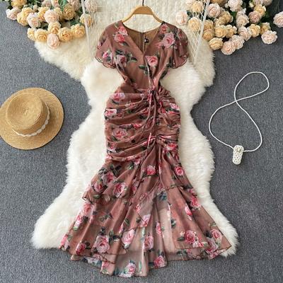 Schickes, figurbetontes Kleid mit Kordelzug und kurzen Ärmeln und V-Ausschnitt, Wickelkleid, modisches Vestidos für Damen, Vintage, Trompetenkleid für Frühling und Herbst