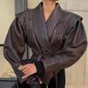 2024 Autumn/Winter European & American Fashion Lapel Tie Long Sleeve Leather Jacket
