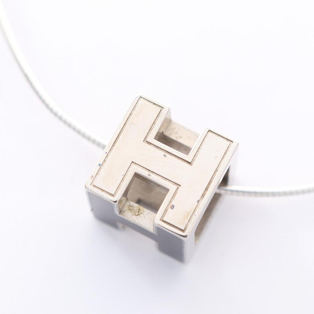 Used HERMES Cardue Ash H-cube Necklace Stainless Steel Silver Black Used