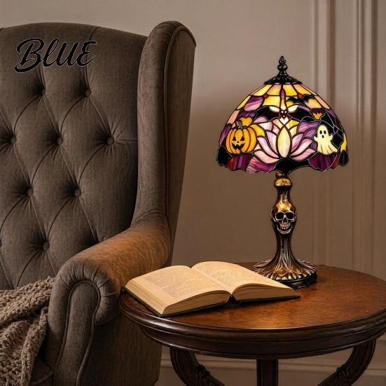 USB Desk Light Halloween Pumpkin Ghost Table Light Stained Glass Art Night Plug-in Lamp Vintage Decorative Lamp for Holiday Party Home Gothic