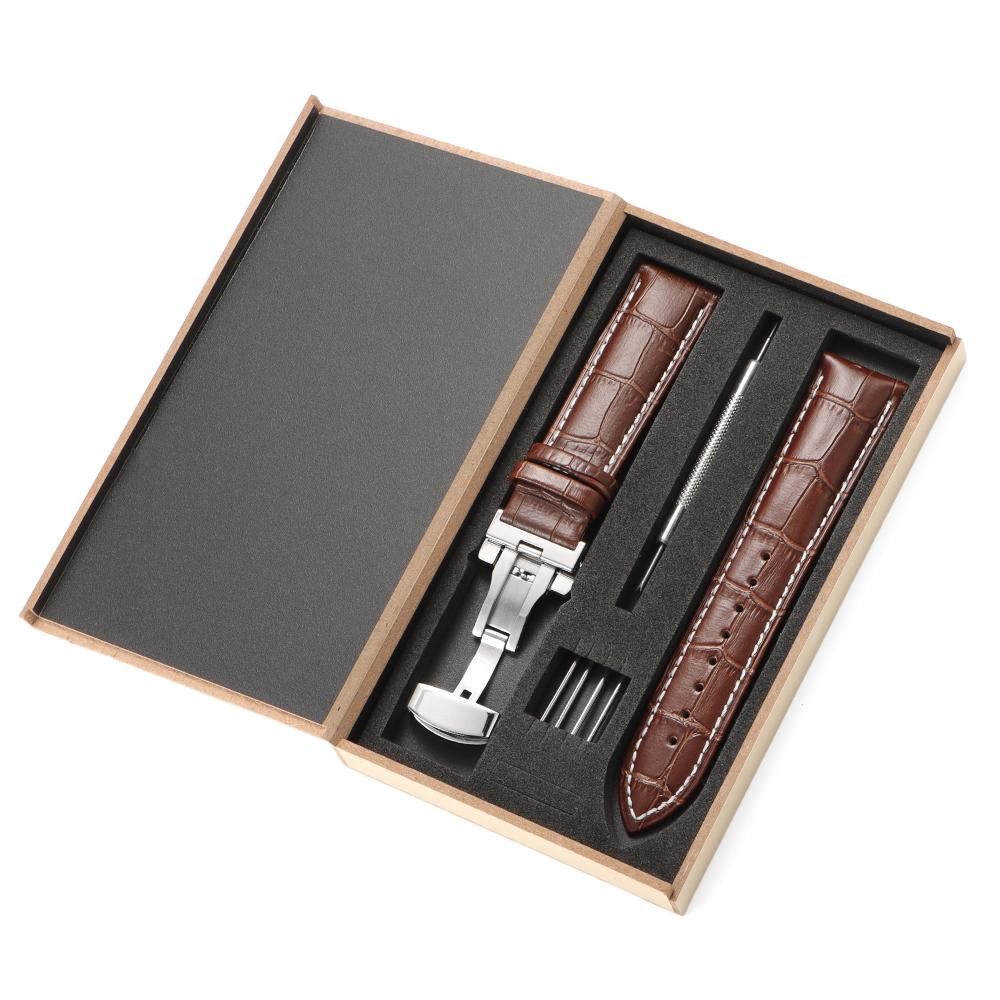 Genuine Leather Strap Band Butterfly Clasp Bracelet Common WristBand Accessories with Wooden Box 16mm 18mm 19mm 20mm 22mm 24mm