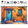 Une bannière vive en polyester pour un thème de fête mexicaine - fresque colorée représentant des guitares, des fleurs, des cactus et des lanternes