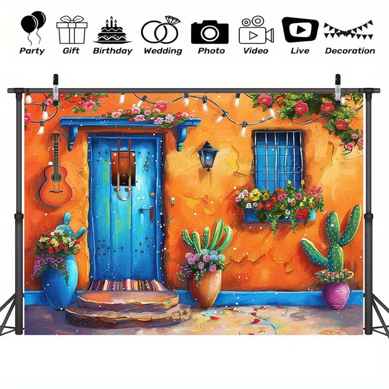 Une bannière vive en polyester pour un thème de fête mexicaine - fresque colorée représentant des guitares, des fleurs, des cactus et des lanternes