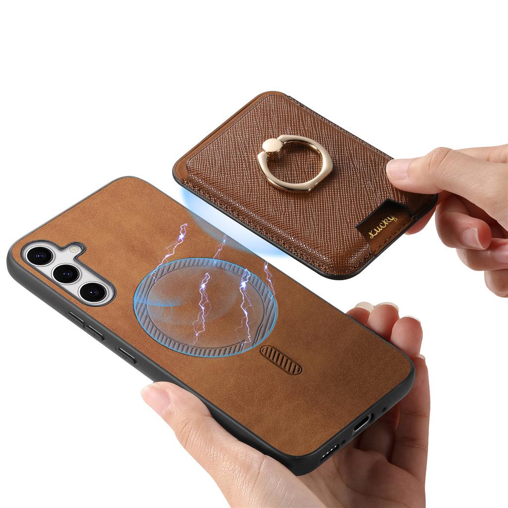 For Samsung Galaxy S25+ Magnetic Case Detachable Card Bag Leather Back Cover with Kickstand