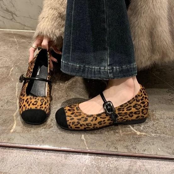 Spot Sheepskin Version~ Versatile Commuter Temperament Round Head with Retro Leopard Print Inner Height Increase Mary Jane Single Shoes Ol