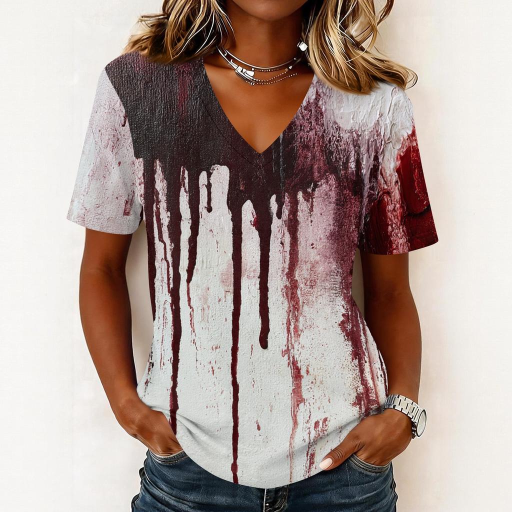 Women's Casual V Neck Pullover Top Halloween Ghost Print Short Sleeve Blouse Lightweight Comfortable Fit