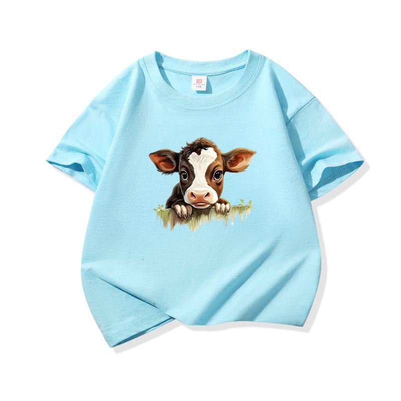 Kids Cotton T Shirt Cute Baby Cow Peeking Over Grass Print Crew Neck Short Sleeve Tee Casual Boys Girls Summer Tops