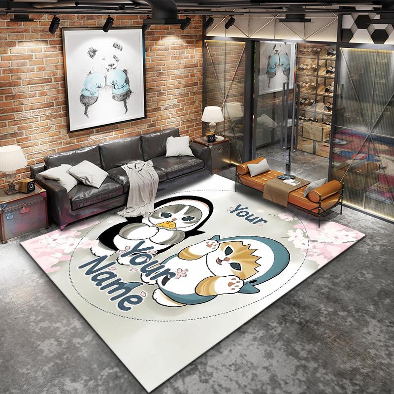 Penguin Cats Adventure Custom Name Carpet Rug For Living Room Bedroom Home Sofa Decoration Kids Play Nonslip Floor Mat