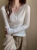 Elegant V-Neck Lace Trim Low-Neck Slimming White Top for Women - Autumn/Winter Innerwear