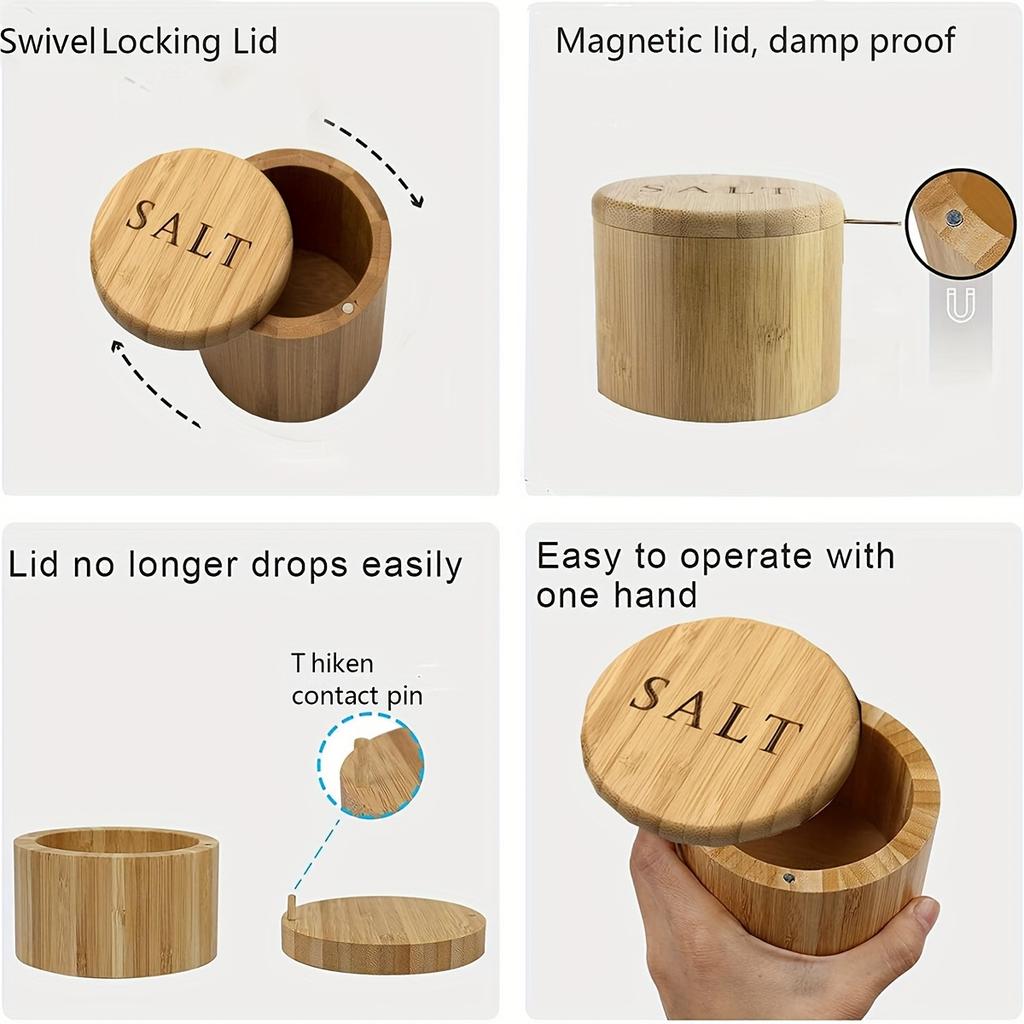 1 Stück Salzbehälter, Salzdose aus Bambus, Salzbehälter mit Löffel, Salzhalter mit Deckel, Salzstreuer, Kümmel- und Pfefferschale mit magnetisch schwenkbarem Deckel