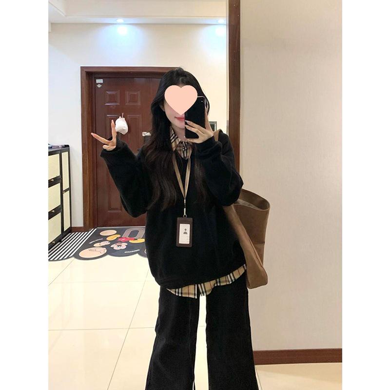 

Women s Black Checkered Patchwork Sweatshirt with Fake Two-Piece Collar - Spring/Autumn 2025 Niche Style. M 40kg-47kg