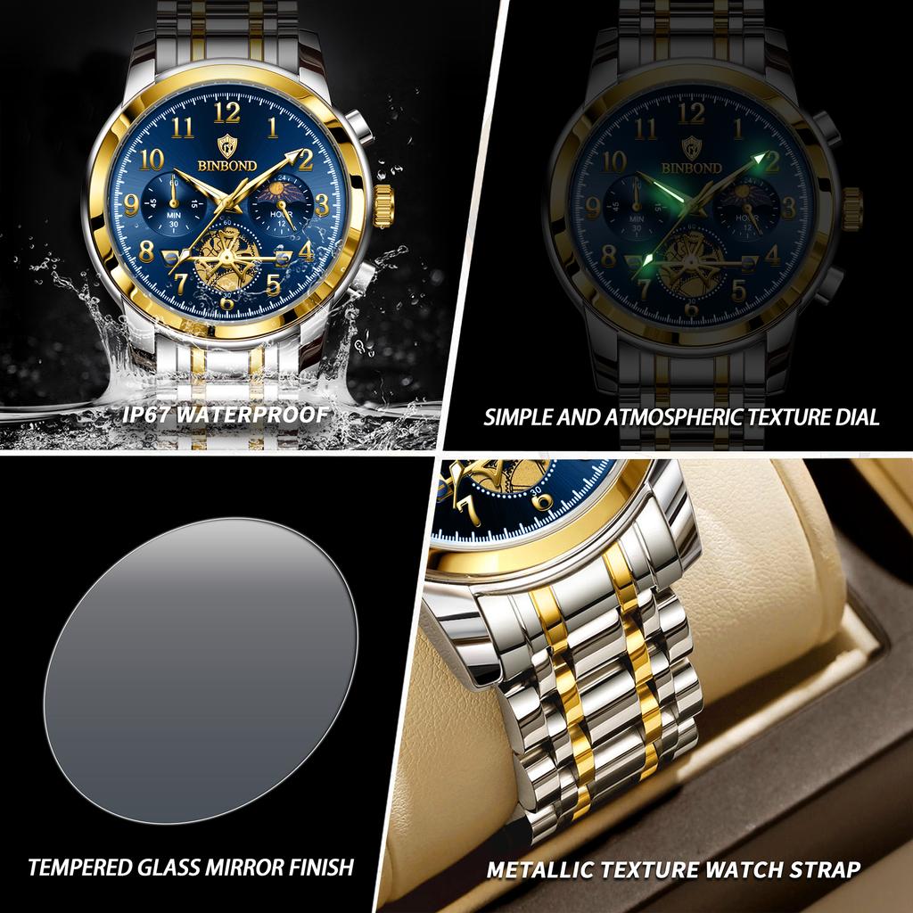 BINBOND Luxury Quartz Watch For Men Vintage Luminous Waterproof Chronograph Men's Watch Business Sport Fashion Casual Reloj+Box