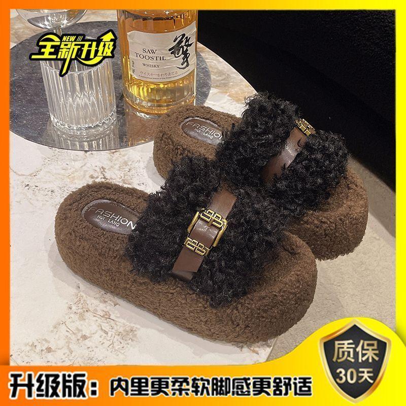 

Super hot fur slippers autumn and winter women s outerwear Internet celebrity curly fur belt buckle new platform flip-flops to show skinny fur shoes 35
