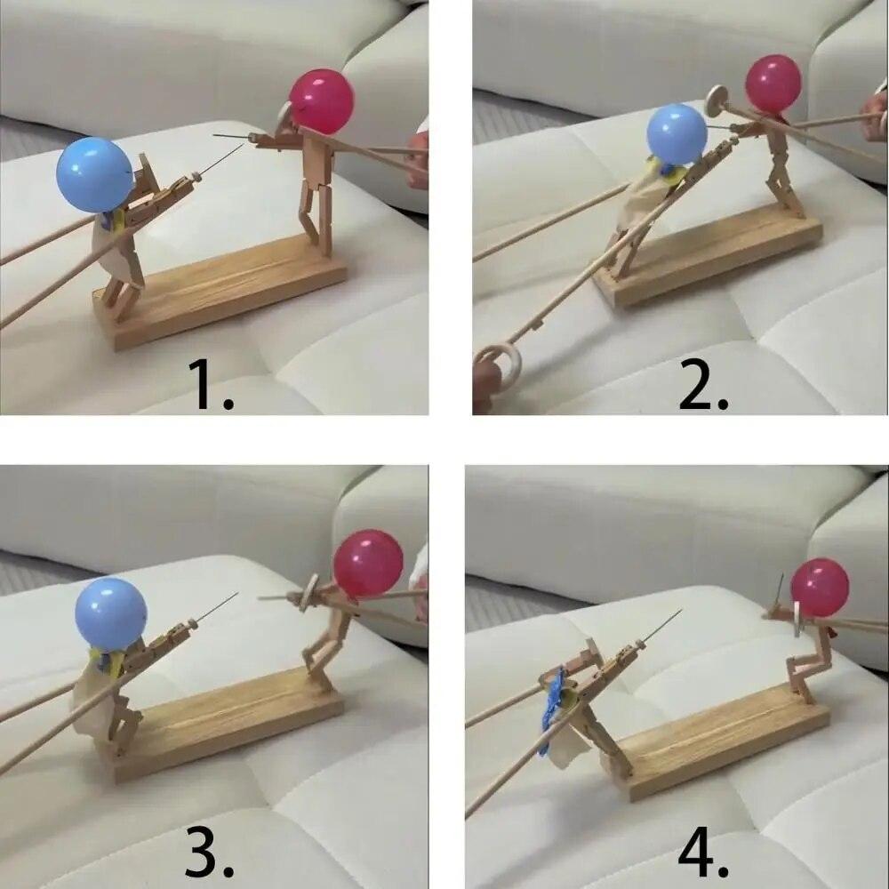 New Handmade Wooden Fencing Puppets - Balloon Bamboo Man Battle, Wooden Bots Battle Game for 2 Players, Whack a Balloon Party Games