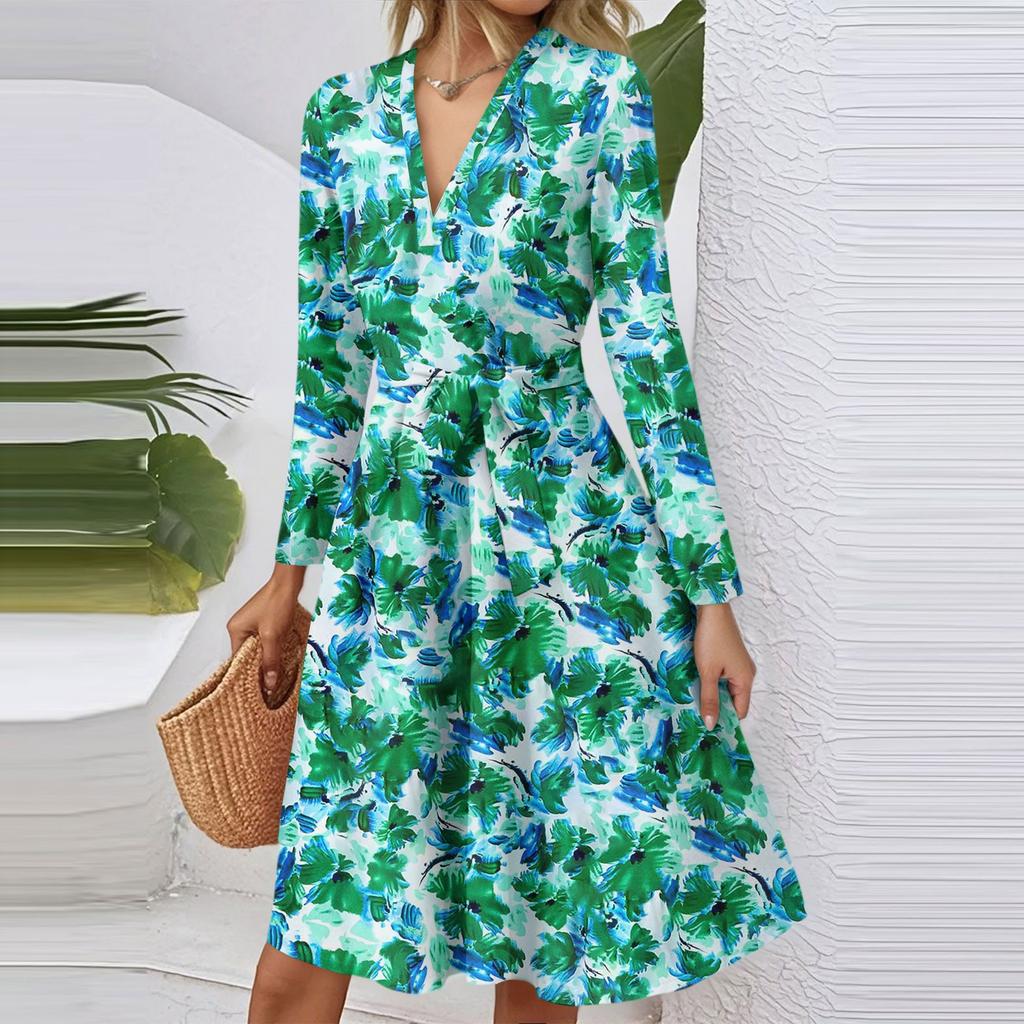 Dámské módní ležérní šaty midi s výstřihem do V, dlouhým rukávem, v pase a s květinovým potiskem