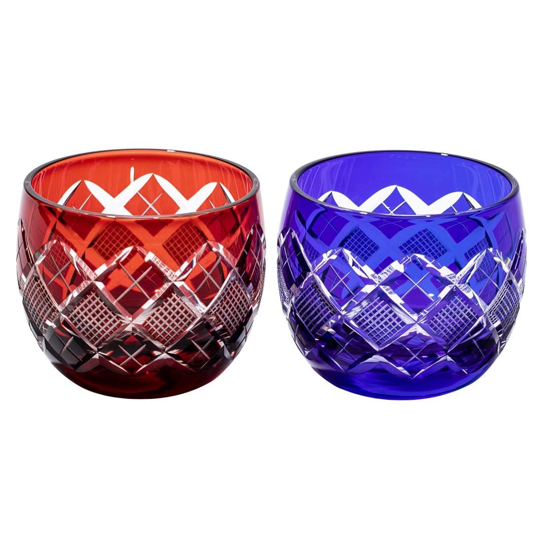 

Official Direct Sales from Taiburo Edo Kiriko Yarai Nanko Crest Sake Cup Pair and Wooden Made in Japan Studio (Red Blue) TB90232RB, Box,