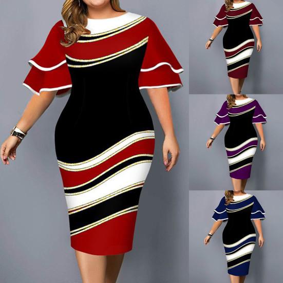 Formal Dress Digital Print Fly Sleeve Plus Size Crew Neck Slit Hem Bodycon Dress for Wedding