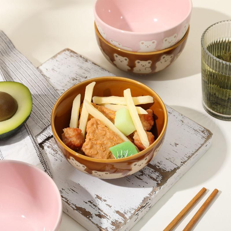 1pc Cartoon Bear Embossed Small Bowl 11.3x6.3cm/4.4x2.4inches High Temperature Resistant Household Tableware Ceramic Bowl