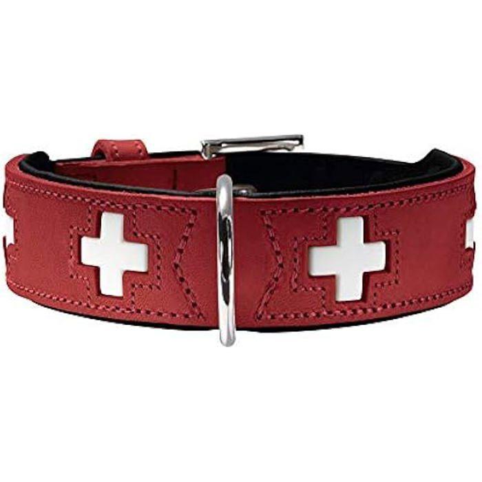 Collier - HUNTER - 35-39,5 cm - Rouge/Noir - Cuir souple - Acier inoxydable