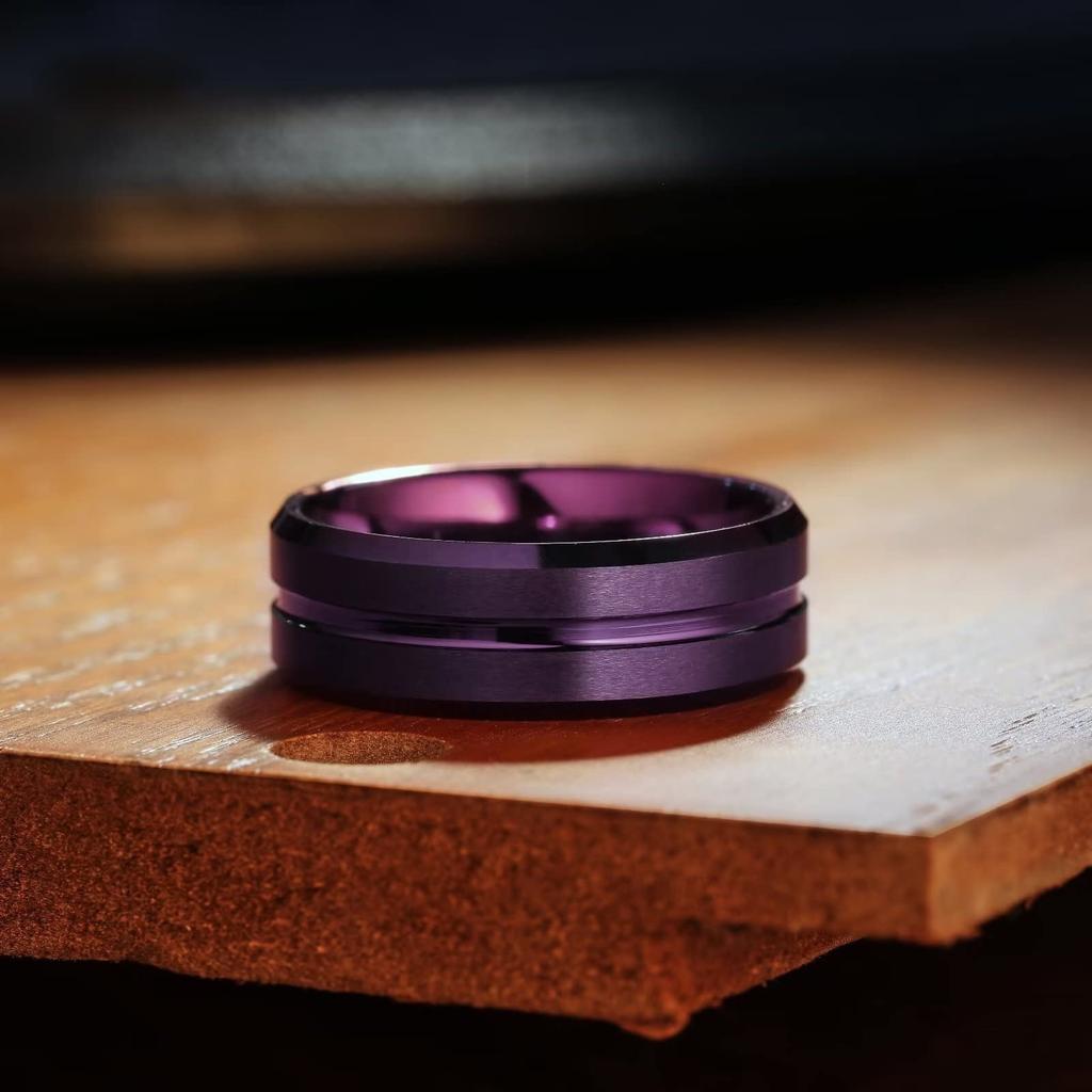 8mm Purple Stainless Steel Rings For Men Women Purple Color Brushed Beveled Edge Men Promise Rings Wedding Bands Jewelry