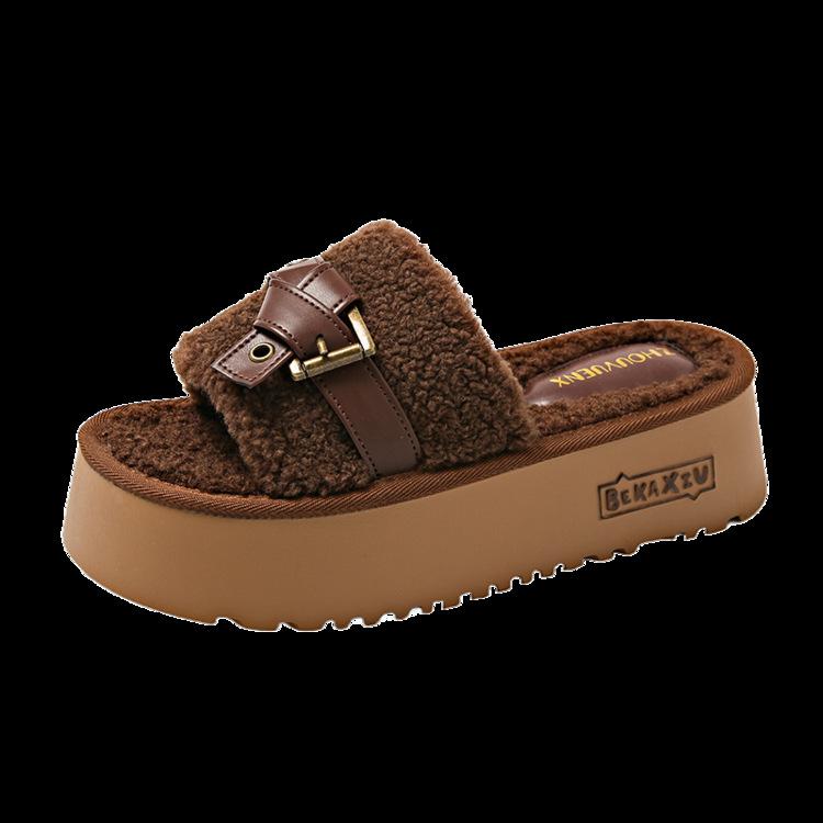 Mode Frühling Herbst Dicke Sohle Wollpantoffeln Damen Draußen Tragen Gepolstert Ein Wort Rutschfest Winter Baumwollpantoffeln Sub