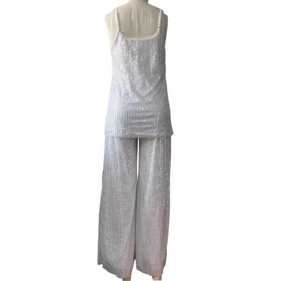 Women Sequin Two Piece Outfit Sleeveless Cami Scoop Neck Top Wide-leg Pants