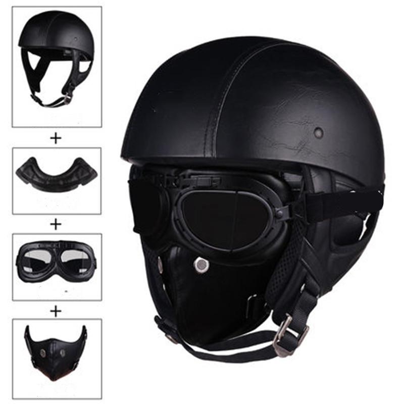 Retro Motorcycle Helmets with Harley Visor Leather Helmet for Man Electric Motorbike Vintage Protected Motor Safety Cap