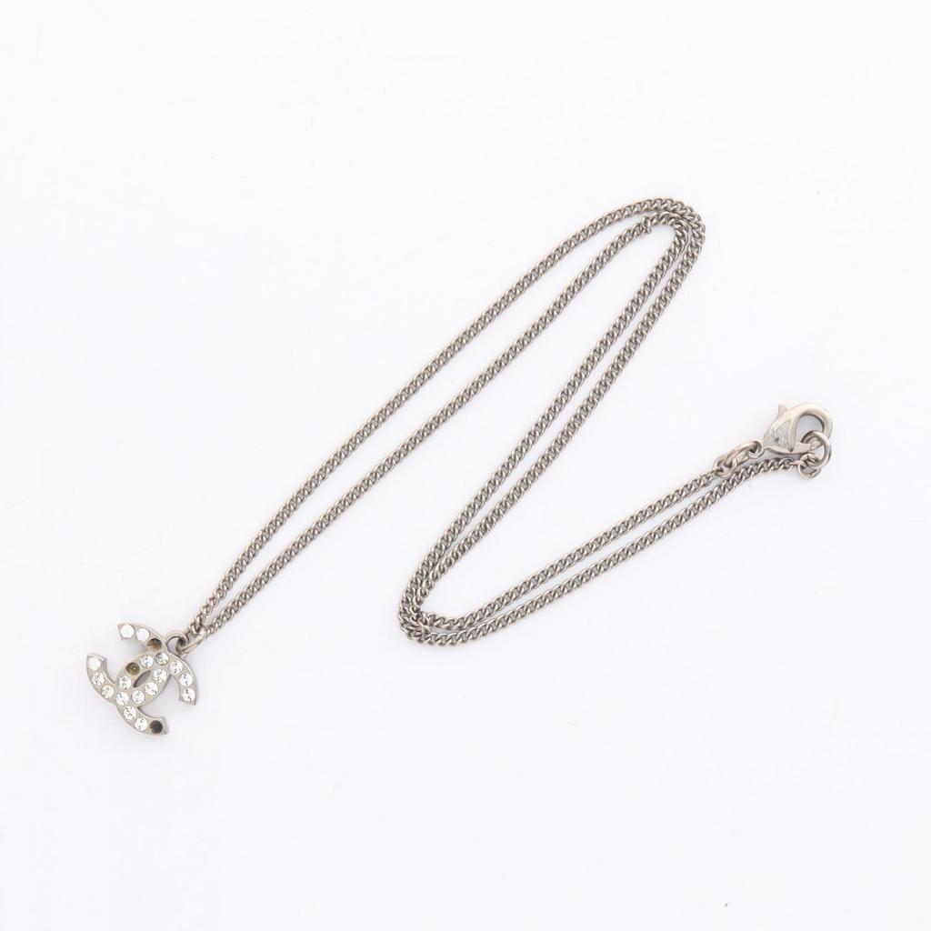 Used CHANEL COCO Mark F13V Necklace Stainless Steel Rhinestone Silver Clear Used