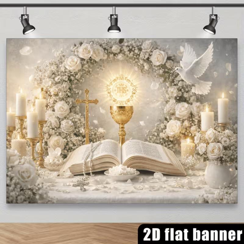 Sacrament of Communion Backdrop, Holy Eucharist Theme with Golden Chalice and White Roses for Photo Booth