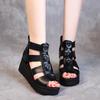 Women Leather wedge platform fish mouth sandals summer comfortable hollow high-heeled thick-soled Roman sandals C995