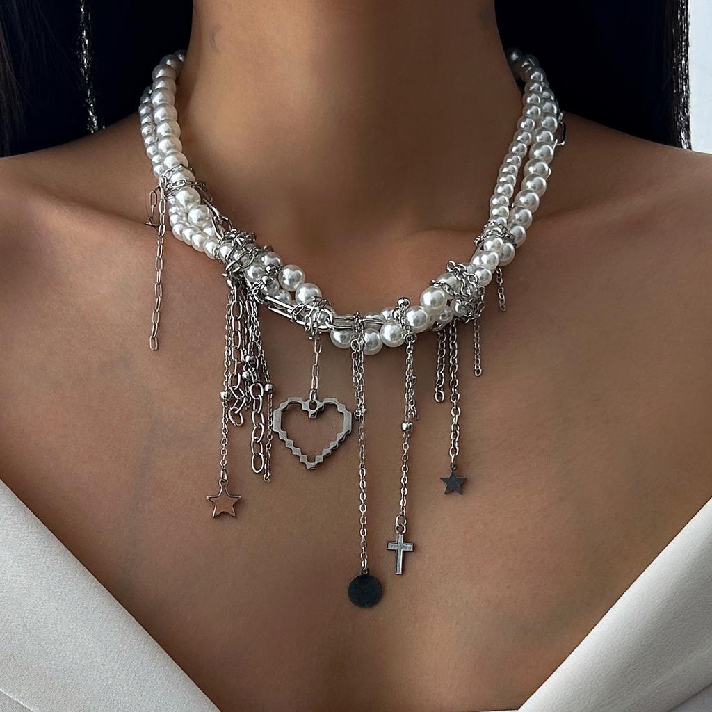 Creative Multilayer Clavicle Chain Wed Bridal Neck Vintage Love Heart Corss Tassel Pendant Choker Necklace Women Jewelry Gifts