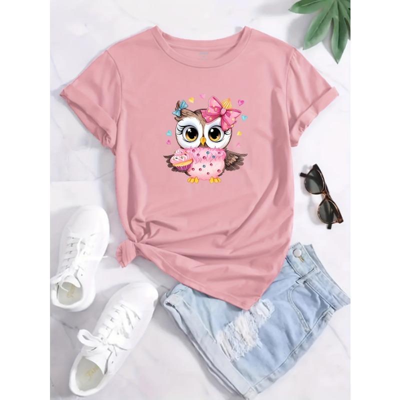 

Футболка с милым принтом совы и круглым вырезом, повседневный топ с коротким рукавом для весны и лета, женская одежда XS