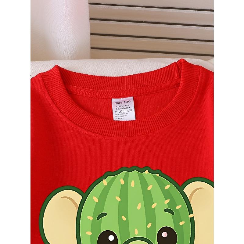 Kids Crewneck Sweatshirt, Cute Cactus & Elephant Cartoon Graphic Print,Spring Autumn Casual Sports Top