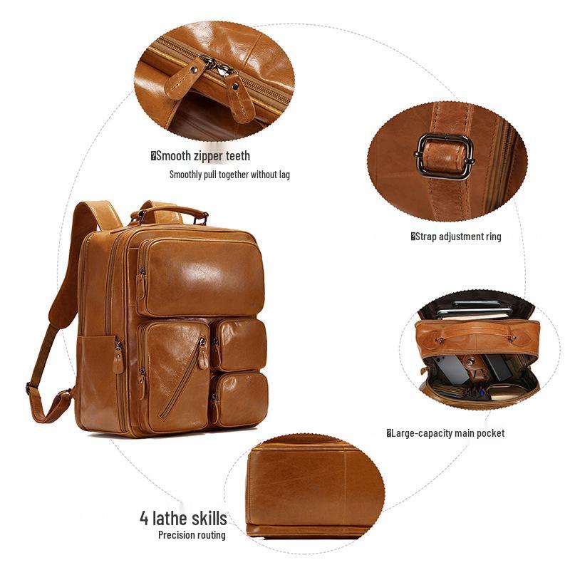 Men's Genuine Leather Multi-Pocket Travel Backpack: Large Capacity, Versatile, and Ideal for Casual Outdoor Adventures.