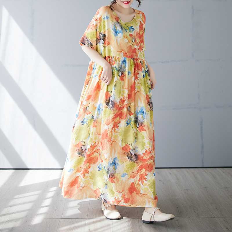 Women's Simple and Fashionable Long Skirt Summer Short Sleeved Round Neck Printed Dress