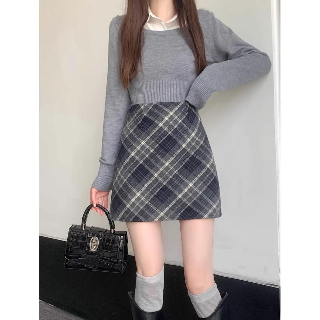 Women's Plus Size Collegiate Style Wool Plaid Mini Skirt In Coffee, Autumn/Winter