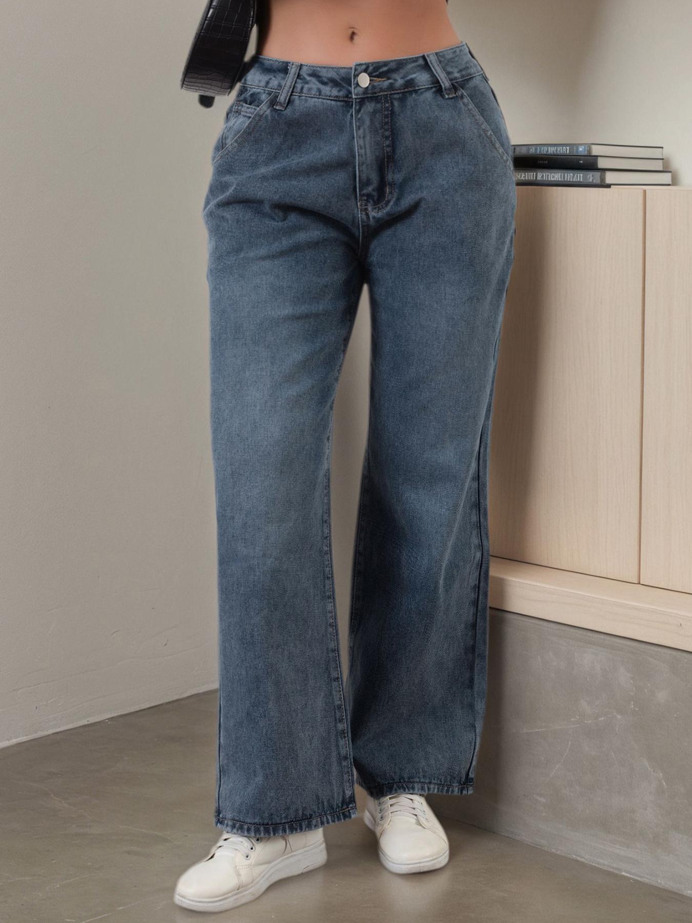 

Puffanpop Women s High Waisted Non-Stretch Wide Leg Jeans - Dark Wash Denim Utility Pocket Casual Trousers for Daily Wear S синий