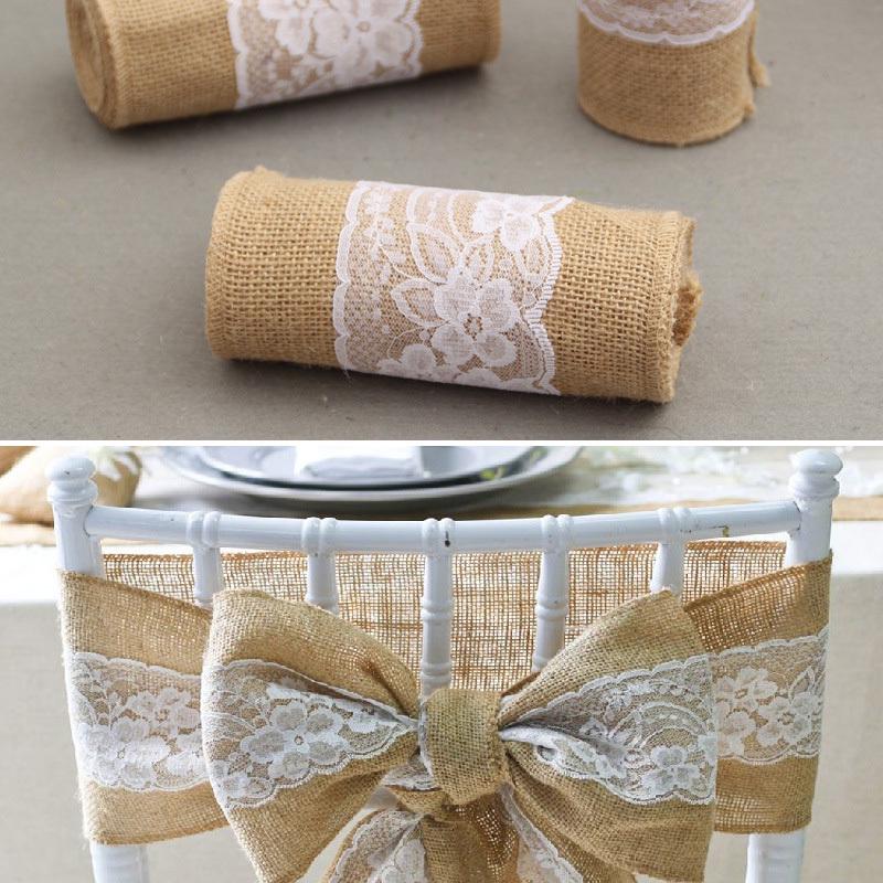 15*240 CM Vintage Jute Burlaps with White Lace Roll Craft Ribbon for Wedding Decoration In Table