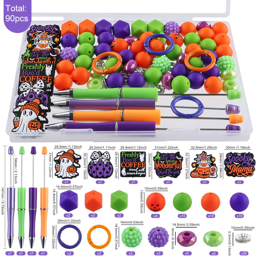 90Pcs/Box New Halloween Christmas Silicone Beads, Acrylic Beads, Pen Combination For DIY Accessories, Keychains, Etc