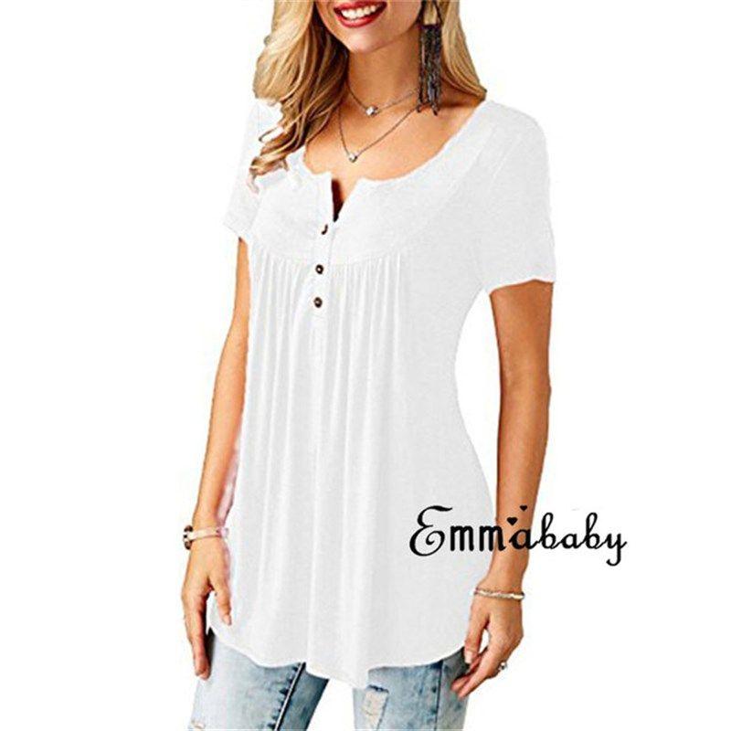

Women Blouse Loose Short Sleeve Casual Blouse Buttons Shirt WHITE S