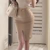 European Style Women's High-Waist Slim-Fit Midi Skirt with Belt and Front Slit - Autumn/Winter A-Line Hip Wrap Design