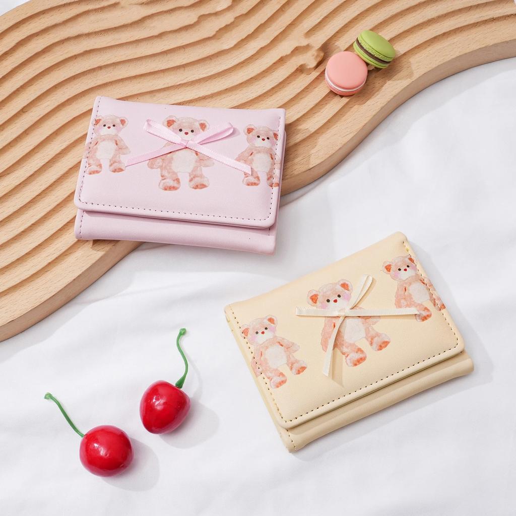 Cute Bear Girls Short Wallets Small Wallet Aesthetic Card Holder Classic Three Fold Purse For Women Student Simple Coin Pouch