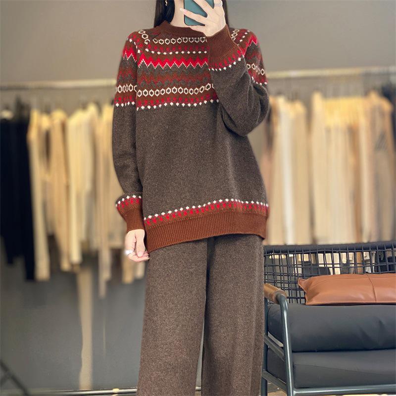 

Женский шерстяной свитер в этническом стиле аргайл и комплект длинных брюк - Осенне-зимняя мода Large