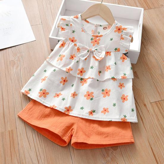2Pcs/Set Baby Shirt Set Flower Print Breathable Sleeveless Girls Tops Shorts Kit for Summer